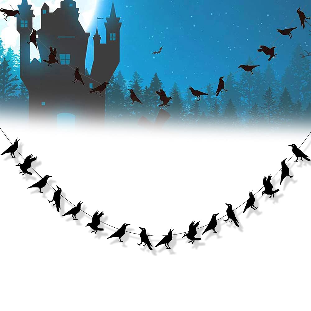 Crow Banner,Glitter Black Crow Garland Kit for Halloween Party,Interior decoration haunted house school decoration suitable for family outdoor indoor garden,16 crows