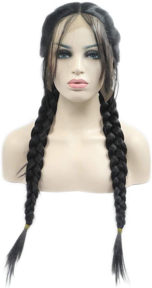 24inches Double Braided Wigs Black Cool Color Synthetic Lace Front Wigs with Baby Hair Cosplay Long Wig Natural Hairline for Women Lady 2x Twist Braids Wig Daily Wear (1B#) - Image 4