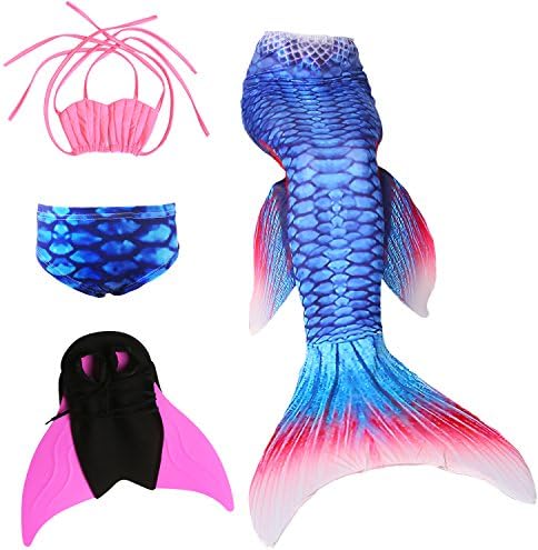 Das beste Mermaid Suit Swimming Fin Swim Fin Mermaid Tail, Kids Girls Sparkle Mermaid Tail with Monofin Swimmable Swimwear 4PCS Sets Bikini Swimsuit