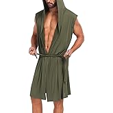 VintageClothing Men's Summer Robe with Hooded Lightweight Bathrobe House Kimono Sleeveless Sexy Sleepwear Pajamas