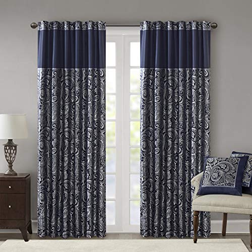 Madison Park Aubrey Jacquard Rod Pocket Valance, Classic Elegant Silk Paisley Valances for Windows, 50X18, Blue, blu navy, 50x95