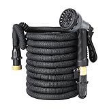 FIXKIT 50ft Expandable Garden Hose, Car Hose, Improved Water Hose With Double Latex Core, 3/4" Solid Brass Connector, Extra Strength Fabric, 8 Way Spray Nozzle, Black