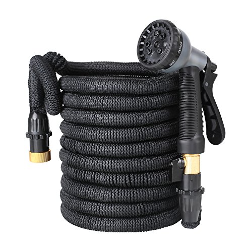 FIXKIT 50ft Expandable Garden Hose, Car Hose, Improved Water Hose With Double Latex Core, 3/4" Solid Brass Connector, Extra Strength Fabric, 8 Way Spray Nozzle, Black