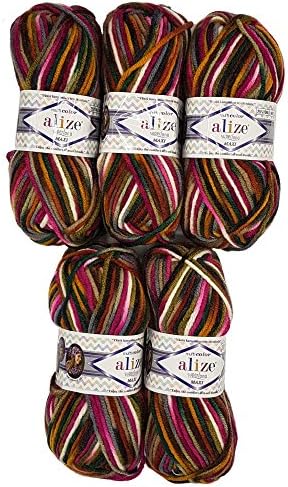 5?Packs of 100g Alize Superlana Multicolor Wool with Colour Gradient, 500?g 75% Acrylic 25% Wool - Pink Oliv Wei? 52144