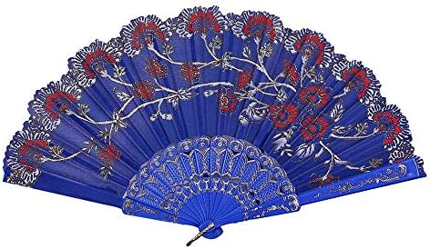 iCODOD Vintage Chinese Style Fold Fan Wedding Party Lace Fan Silk Folding Hand Held Fan Craft Flower Performance Decorative Retro Dance Fan Blue
