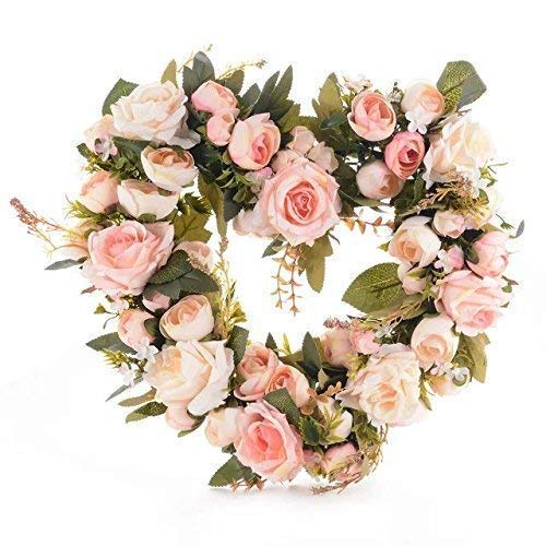 Adeeing Vintage Art Simulation Rose Flowers Wreath Pink Heart-shaped Garland for Home Wedding Decoration