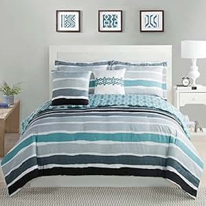 Amazon.com: 5 Piece White Ivory Aqua Blue Stripes