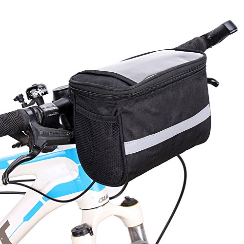 Sizet 3.5L Bicycle Cycling Basket Handlebar Bag with Sliver Grey Reflective Stripe Outdoor Mountain Road MTB Bike Handlebar Bag – Black