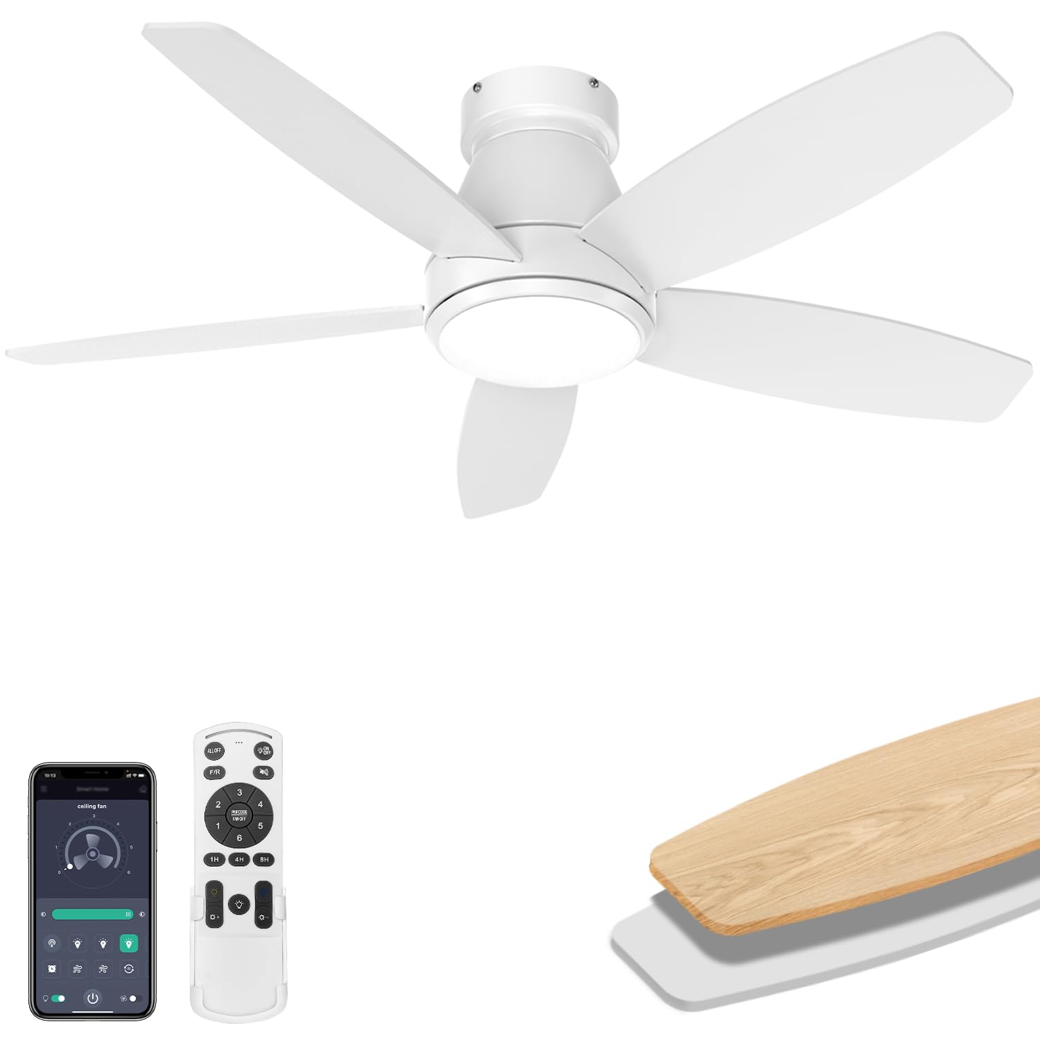 Photo 1 of AQUBT Ceiling Fans with Lights, 42 inch Ceiling Fans with Lights and Remote, Dimmable, Noiseless, Low Profile Ceiling Fan with Light for Bedroom, Indoor and Outdoor Use(White)