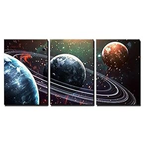 3 Piece Canvas Wall Art - Universe Scene with Planets, Stars and Galaxies in Outer Space - Modern Home Art Stretched and Framed Ready to Hang - 16"x24"x3 Panels