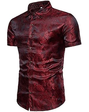 Men's Stylish Slim fit Short Sleeve Shirts Shiny Satin Silk Dance Prom Party Dress Shirt