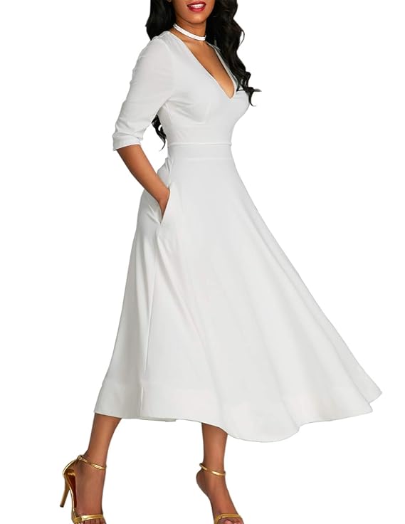 Bequemer Laden Damen Elegant Cocktailkleid Tiefes V-Ausschnitt 3/4 Ärmel Midikleid A-Linie Kleider Abendkleid mit Zwei Seiten
