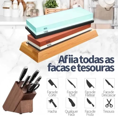 Kit Pedra Afiar Amolar Dupla Face 400/1000+3000/8000 Utensílios De Cozinha
