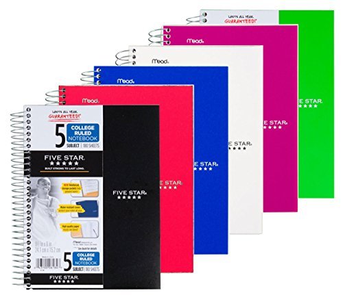 Five Star Spiral Notebook, College Ruled, 5 Subject, 6 X 9.5 Inches, 180 Sheets, Assorted Colors (06184)Pack Of 6
