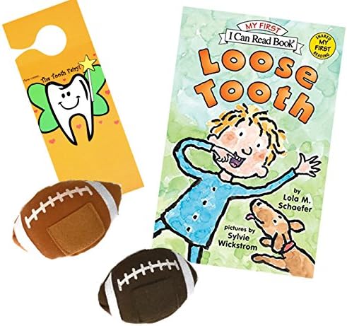Kids Footballs Tooth Fairy Pillow w/ Loose Tooth a Tooth Fairy Book & Tooth Fairy Door Hanger Gift Set