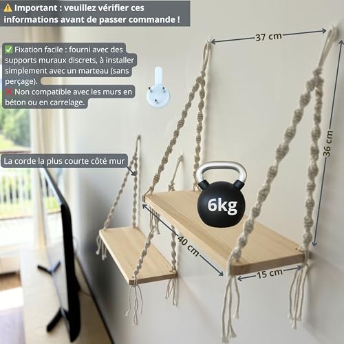 Mekase Set of 2 Wooden Hanging Wall Shelves with Macrame Rope - Cocooning Bohemian Wall Decor for Plants, Bedroom, Living Room, Bathroom, No Drilling, Scandinavian Boho Style