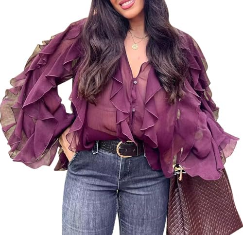 HGKPFGTF Women's Fashion Chiffon Puffy Shirts Solid Color Mesh