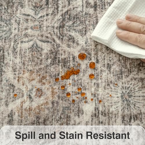 Fmfunctex 8x10 Washable Area Rug Taupe Vintage Neutral Distressed Large Non Slip Carpet for Living Room Bedroom Soft Low Pile Indoor Retro Tapis Salon Throw Rug for Dining Room Kitchen Office Nursery