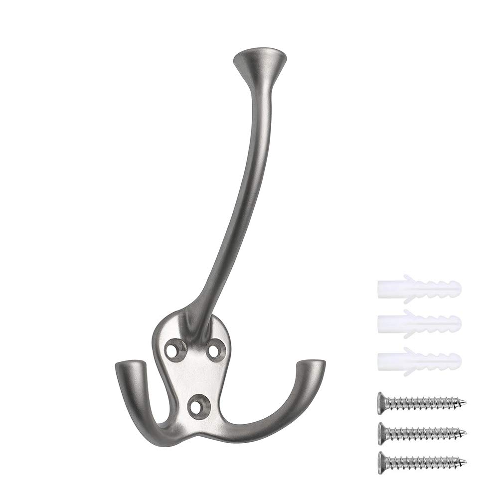HARPOON 5 Pack Heavy Duty Three Flared Prongs 4.4 Inch Coat Hooks, Wall Mounted with 15 Screws Retro Three Robe Hooks, Utility Hooks for Scarf, Bag, Towel, Key, Cap, Cup, Hat (Satin Nickel)
