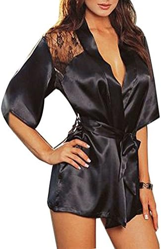 Locry Women's Sexy Black Lace Silk Kimono Robes Peacock Short Stain Nightgowns S