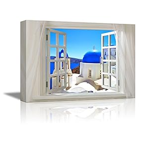 Glimpse into Blue Domed Churches in Santorini Greece Out of Open Window - Canvas Art Wall Art - 24" x 36"