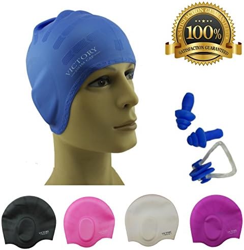 #1 Swimming Cap For Adult Men &amp; Women, Boys &amp; Girls. Specially Designed for Swimmers with Long, Thick, Curly Hair - The Best Silicone Swim Cap On Amazon – Free Nose Clip &amp; Ear Protection. (Blue)