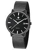 WWOOR Men's Analog Quartz Watch Waterproof Sport Steel Mesh Strap Thin Wristwatches Auto Date Black