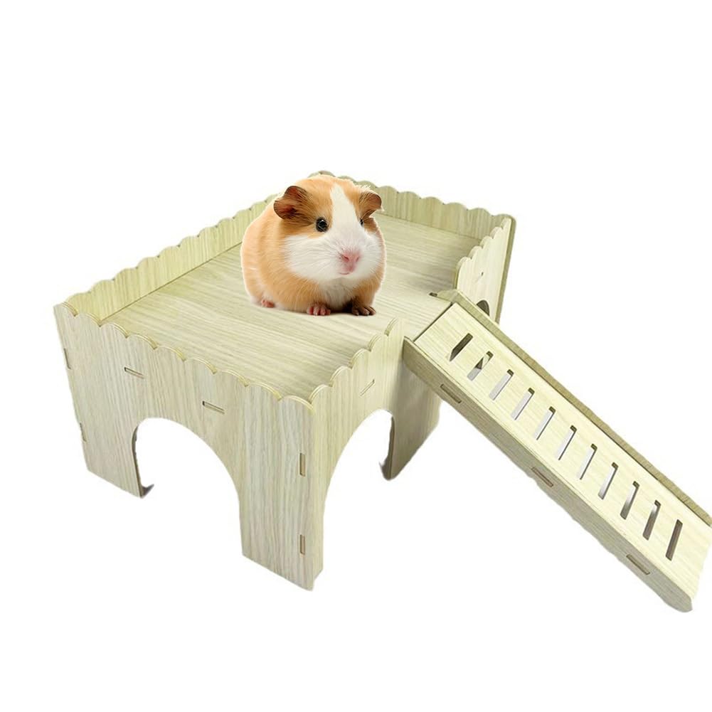 Hapihom Guinea Pig Castle, Wooden Hamster Hideout House With Cave Stairs, Cute Bunny Chinchillas Small Animal House Bed Hut Habitats For Playing Sleeping Hiding