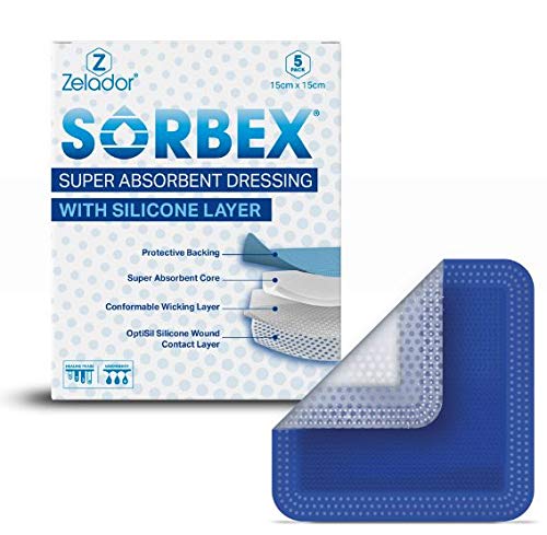 Sorbex Super Absorbent Dressing Pad with OptiSil Silicone Contact Layer for Moderate to Heavy exuding Wounds (Pack of 5) 20x40cm