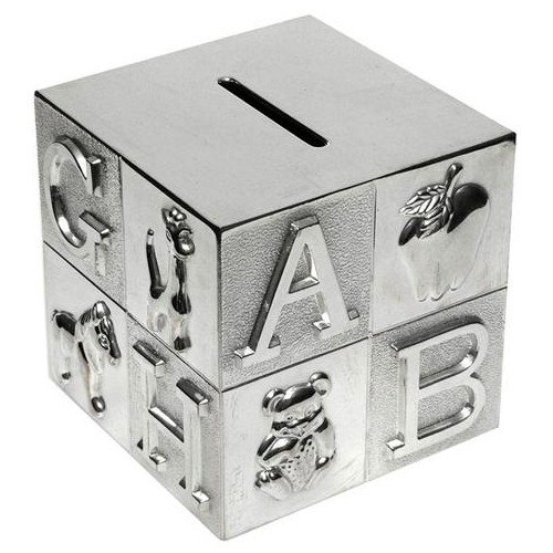 Childrens Silver Plated ABC Cube Money Box