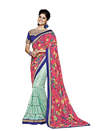 Shonaya Women's Embroidered Faux Georgette Red Designer Saree With Unstitched Blouse Piece