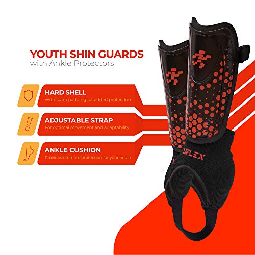 UFlex Athletics Slip and Slide Shin Guards for Kids and Teens - Protective Soccer Gear for Boys and Girls with Padded Ankle Support - Non Slip Adjustable Straps (Medium)