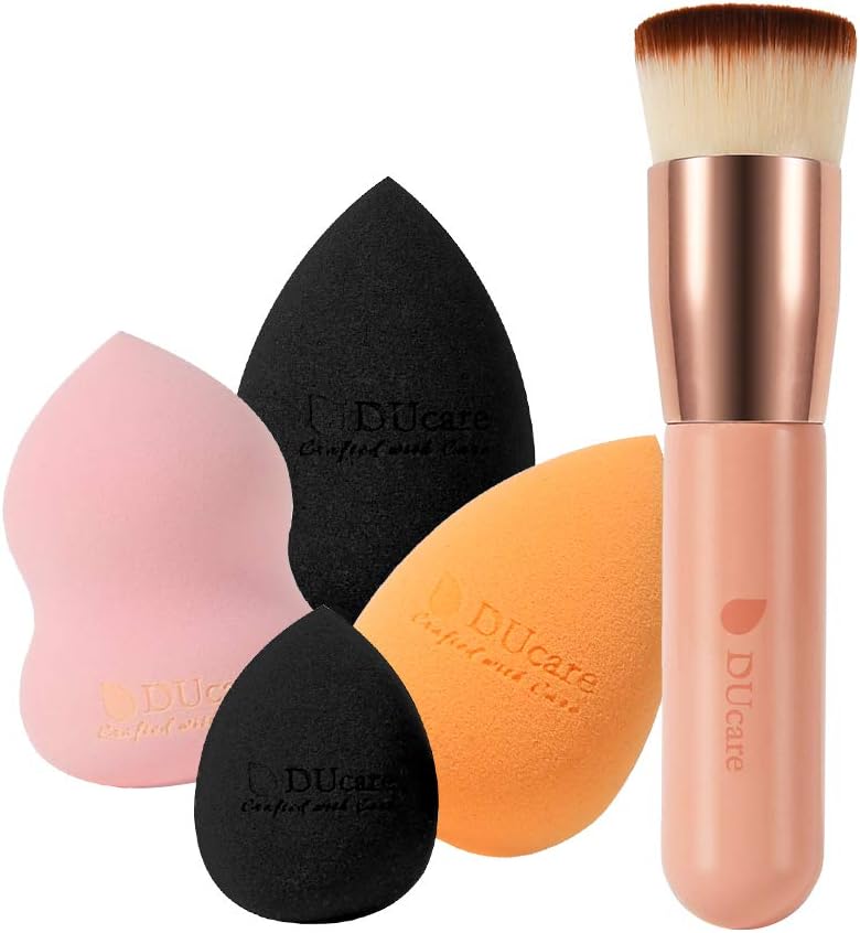 DUcare Makeup Sponges nonlatex 4Pcs & Foundation Brushes 1Pcs Makeup