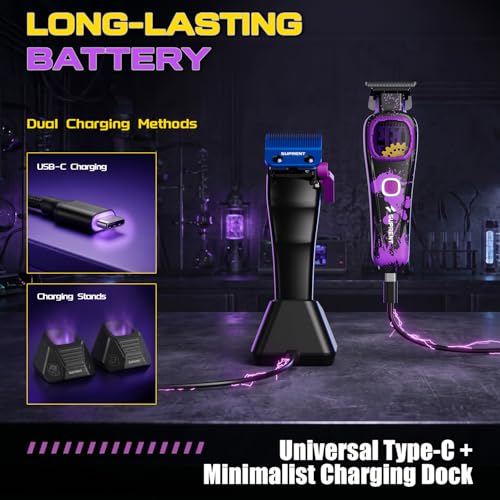 SUPRENT Professional Hair Clipper-Cordless Man Hair Clipper Kit with Titanium Coated Fade Blade, Magnetic Guide Combs, Charging Station (Purple)