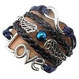 ACUNION Handmade Infinity Love Angel Wings Pearl Charm Friendship Gift Leather Bracelet - Black