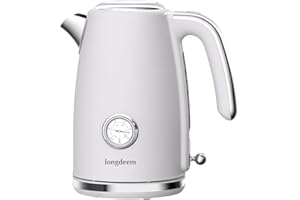 LONGDEEM Electric Kettle Quick Heating, Hot Tea Water Boiler with Thermometer 1.7L Stainless Steel Cordless LED Indicator 1500W, Auto Shut Off & Boil Dry Protection, Easy to Clean, White