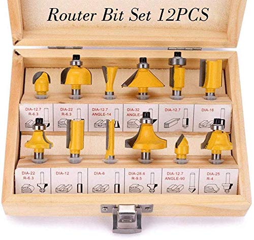 12pcs Router Bits Set 1/4'' Tongue and Groove Shank Wooden Top Cutting Milling Tools with Wrench