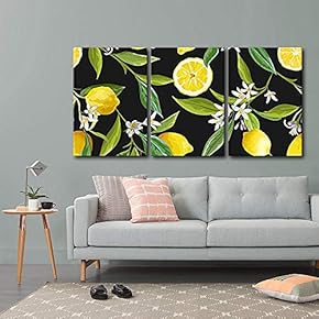 3 Piece Canvas Wall Art - Vector - Seamless Pattern. Lemon Fruits Background. Floral Pattern - Modern Home Art Stretched and Framed Ready to Hang - 16"x24"x3 Panels