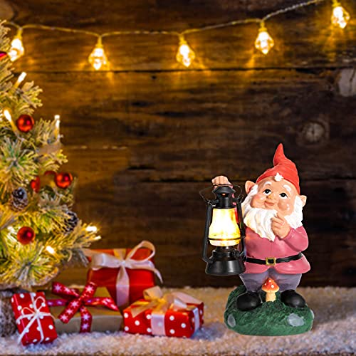 Garden Gnome Decor Outdoor Statues - Gnome Statue Holding Vintage Lantern Solar Powered Funny Outdoor Figurine Lights for Patio Yard Decorations