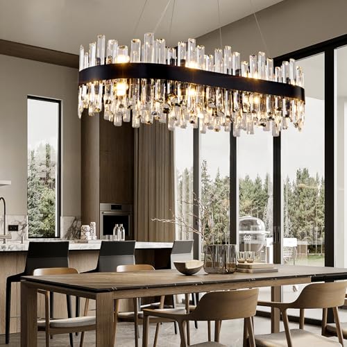LumaVibe Chandelier for Dining Room, L35.4 Black Rectangle Crystal Chandelier Over Table, Modern 16-Light Large Crystal Chandeliers Ceiling Light, Pendant Light Fixture for Kitchen Island Living Room