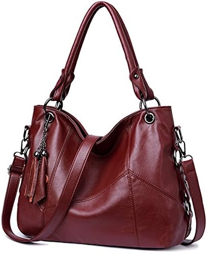 Lustear Soft Leather Handbag Hobo Style Purse Tote Shoulder Bag with Tassel For Women (Wine Red)