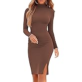 Women's Turtleneck Bodycon Dresses Casual Long Sleeve Side Slit Slim Fit Elegant Party Club Ribbed Knit Midi Date Dress Brown XX-Large