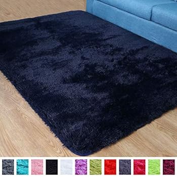 PAGISOFE Super Soft Fluffy Velvet Fabric Indoor Room Area Rugs Carpets for Living Room Bedroom Kids Nursery Decor Dining Floor Non Slip Shag Rectangle Rug 4x5.3 Feet (Navy Blue)