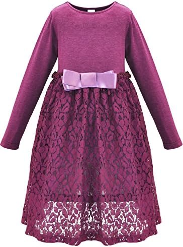 Children Clothes Girls Lace Flower Bowknot Jersey Cotton Dresses with Sleeves