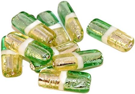 Fine Silver Green Yellow Lampwork Handmade Czech Glass Flat Tube Beads Bohemian Set Solid Silver Christmas 25mm x 19mm 2pcs
