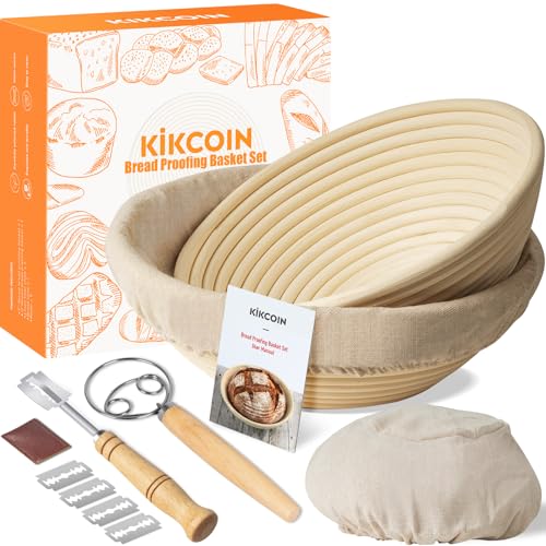 Brotgärkorb, Kikcoin Banneton Brotgärkörbchen, 22,9 cm & 25,4 cm, runder Sauerteiggärkorb mit Leineneinsatz, Brot Lame