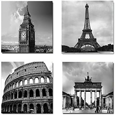 SimonfineUs Architectures Modern 4 Panels Giclee Canvas Prints Europe Buildings Black and White Landscape Pictures Paintings on Canvas Wall Art Ready to Hang for Bedroom Home Office Decorations