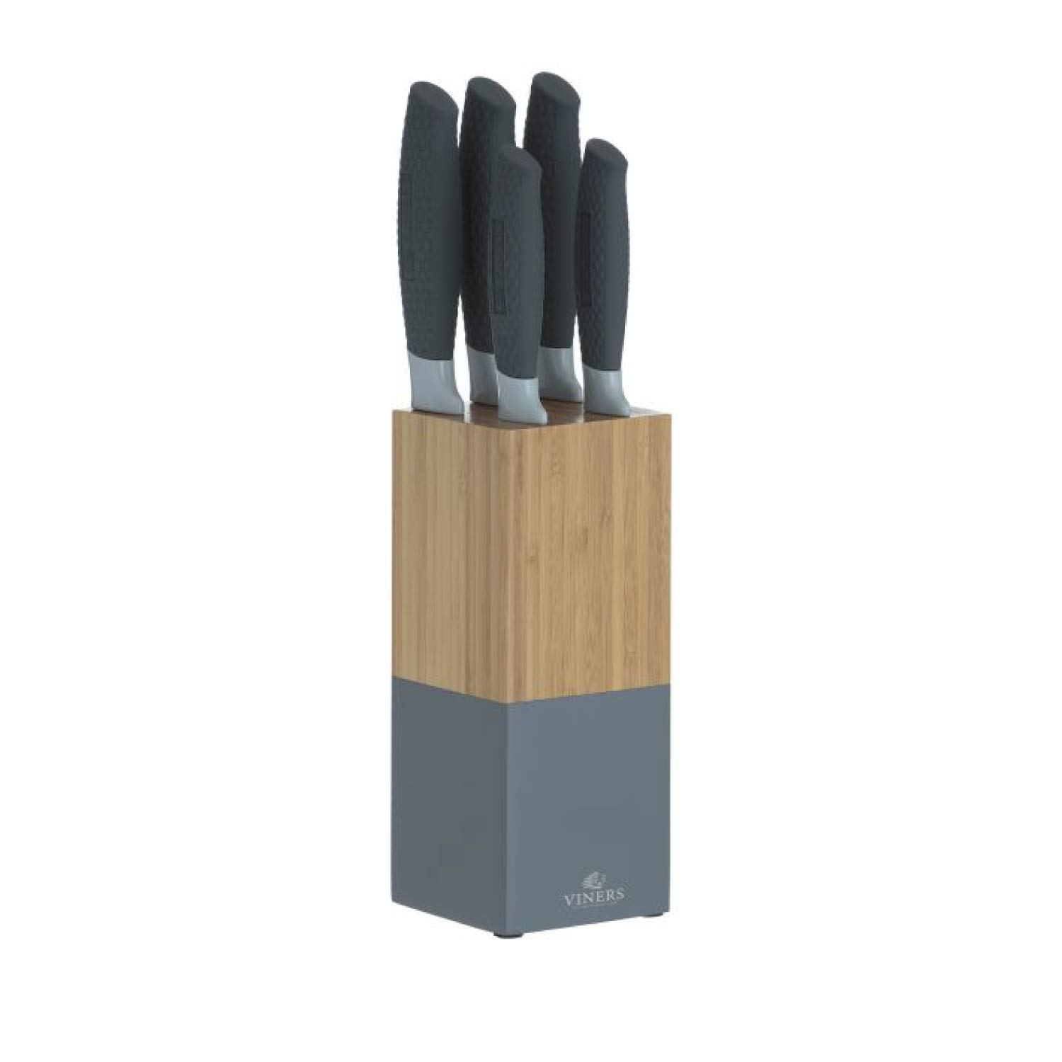 Viners Horizon Knife Block Set of 6-Piece, 5 Kitchen Knives and Bamboo Knife Holder, Chef, Santoku, Carving, Utility and Paring Knives, Grey, Stainless Steel, 0305.194