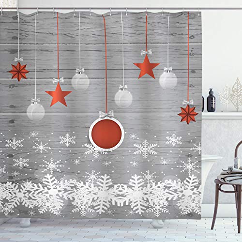Red Holiday Star Ornaments And Snowflake & Gray Christmas Fabric Shower Curtain (784411236288)
