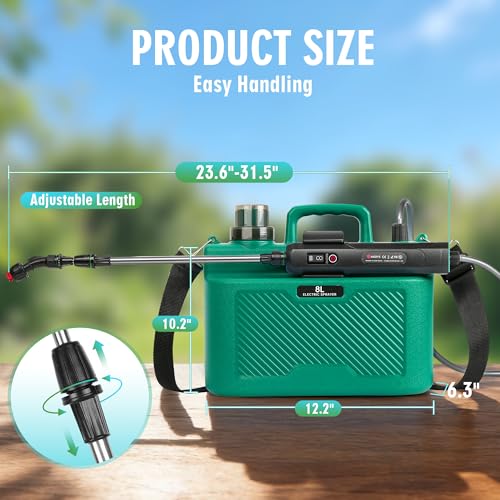 Battery Powered Sprayer 2 Gallon, Rechargeable Electric Garden Sprayer with 3 Speeds Displayed, Battery Indicator, 4 Mist Nozzles, Retractable Wand, Adjustable Shoulder Strap for Lawn Yard and Garden